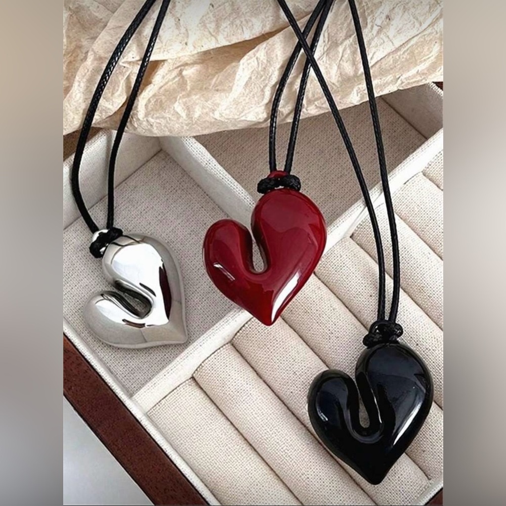 Minimalist Abstract Heart Pendant Necklace | Black Red Silver | Leather Cord NWT